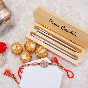 Designer Rakhi with Ferrero Rocher N Luxurious Pen Set - Rakhi Gift Ideas