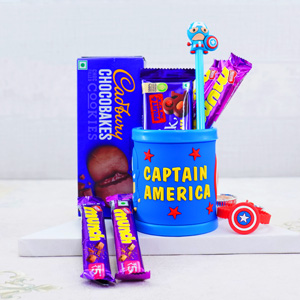 Captain America Rakhi with  Chocolates Pen N Mug