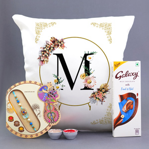 Designer Rakhi with Galaxy Milk Chocolate N Alphabet Cushion - Rakhi with Cushion