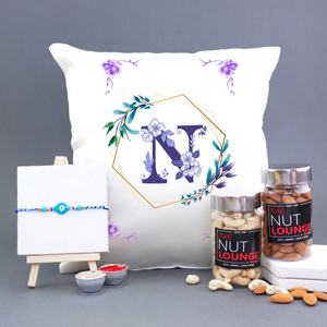 Evil Eye Rakhi with Alphabet Cushion N Dry Fruits - Rakhi with Cushion