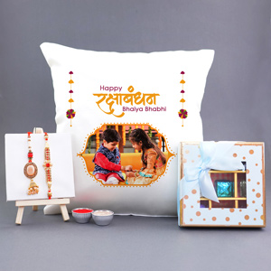 Set of Bhaiya Bhaiya Rakhi with Cushion N Assorted Chocolates - Rakhi With Photo Gifts