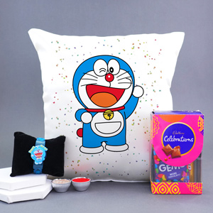 LED Light Doraemon Rakhi with Pillow N Chocolates - Send Rakhi to Gurgaon