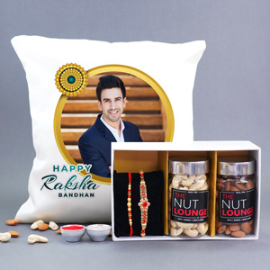 Set of Two Pearl Rakhi with Premium Dry Fruits N Customized Cushion - Rakhi with Cushion