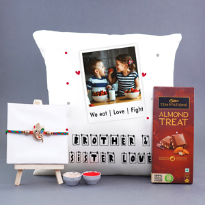 Designer Rakhi with Personalized Sibling Love Cushion - Mugs & Cushions For Sister