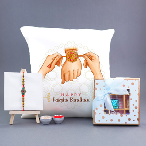 Happy Raksha Bandhan Cushion with Designer Rakhi N Chocolates - Mugs & Cushions For Sister