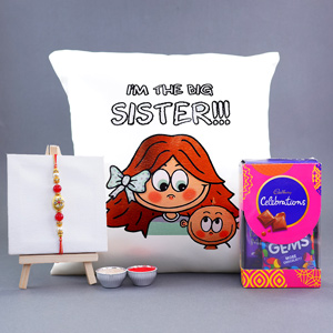Designer Rakhi with Printed Cushion N Chocolate Combo - Mugs & Cushions For Sister