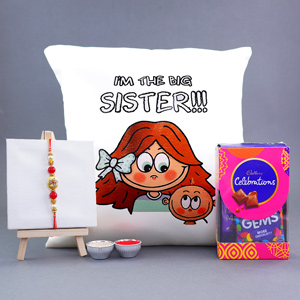 Designer Rakhi with Printed Cushion N Chocolate Combo - Rakhi with Cushion