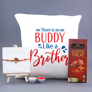 Designer Rakhi with Cadbury Temptations N Cushion Combo - Mugs & Cushions For Sister