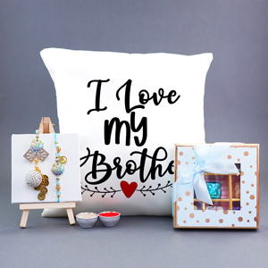 Designer Rakhi with Printed Pillow N Chocolate Box - Rakhi with Chocolates
