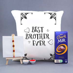 Designer Rakhi N Best Brother Ever Cushion Combo - Rakhi with Chocolates