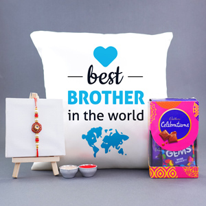 Designer Rakhi with Pillow N Chocolate Pack - Mugs & Cushions For Sister