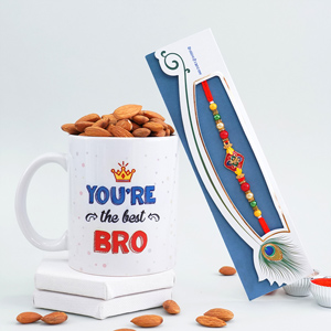 Golden Meenakari Rakhi with Almonds N Mug Combo - Send Rakhi to Hyderabad