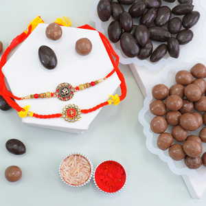 Auspicious Golden Rakhis with Dry Fruit Chocolates Gift Pack - Send Rakhi to Faridabad