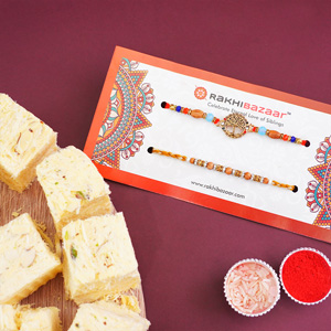 Designer Rakhi N Golden Rakhi with Soan Papdi - Rakhi with Sweets