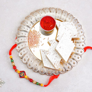 Designer Meenakari Rakhi with Sweets N Puja Thali - Send Rakhi to Kanpur