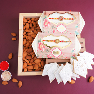 Set of Two Designer Rakhis with Kaju Katli in Tray - Send Rakhi to Noida