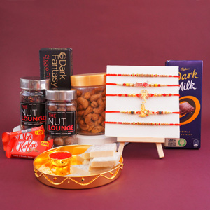 Five Rakhis with Sweets N Chocolates Gift pack for Brothers