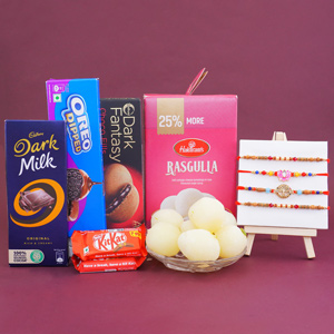 Four Rakhis with Sweets N Chocolates Gift Hamper - Rakhi Gift Hampers