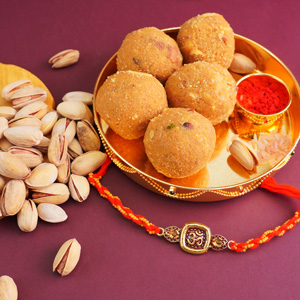 Om Golden Rakhi with Puja Thali N Sweets - Rakhi Pooja Thalis