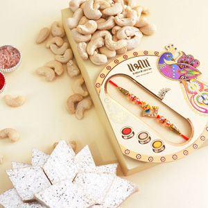 Peacock Feather Krishna Rakhi with Kaju Katli N Cashews - Send Rakhi to Kolkata