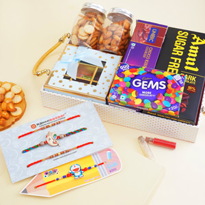 Four Rakhis with Chocolates N Cookies in Tray - Send Rakhi to Hyderabad