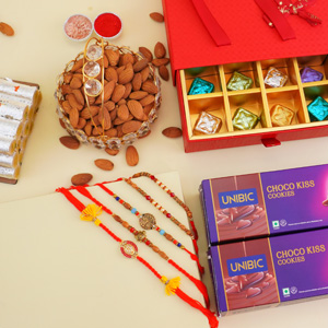 Golden Rakhi N Pearl Rakhi Set with Sweets Gift Hamper