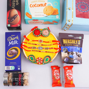 Four Rakhi Set with Cookies N Chocolates in Box - Send Rakhi to Gurgaon