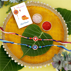 Two Fancy Rakhi with Traditional Puja Thali - Rakhi Thali to UK