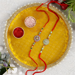 Two Designer Rakhis with Puja Thali - Rakhi Thali to UK
