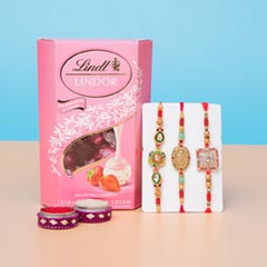 Three Beaded Rakhi with Lindt Strawberries Chocolates For UK