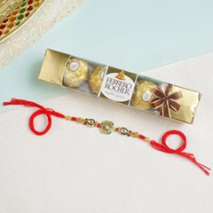 Designer Embellished Rakhi with  Ferrero ChocolateFor UK - Rakhi Chocolates to UK