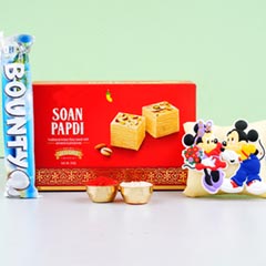Mickey Mouse Rakhi With Soan Papdi Sweet For UK - Rakhi Chocolates to UK
