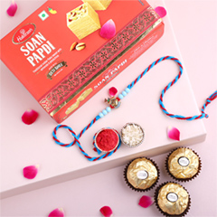 Sneh Blue Krishna Rakhi with 3 Ferrero Rocher and Soan Papdi - Rakhi Chocolates to UAE