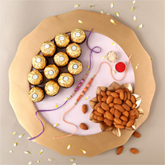 Sneh Peachy Rakhi Set with 6 Ferrero Rocher and Almonds - Rakhi Chocolates to UAE