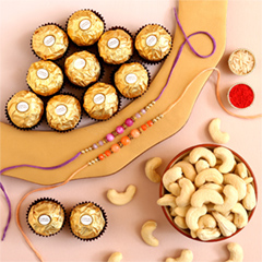 Sneh Peachy Rakhi Set with 6 Ferrero Rocher and Cashew - Rakhi Sets to UAE