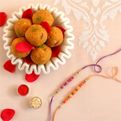 Sneh Peachy Rakhi Set with 500 Grams Besan Ladoo - Rakhi Sweets to UAE