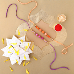 Sneh Peachy Rakhi Set with 500 Grams Kaju Katli - Rakhi Sets to UAE