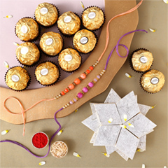 Sneh Peachy Rakhi Set with 250 Grams Kaju Katli and6  Ferrero Rocher - Rakhi Chocolates to UAE