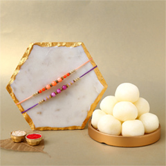 Sneh Peachy Rakhi Set with 1 Kg Rasgulla Tin - Rakhi Sets to UAE