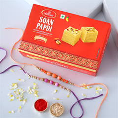 Sneh Peachy Rakhi Set with 500 Grams Soan Papdi - Rakhi Hampers to UAE