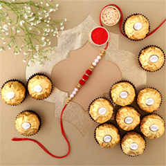 White Pearl And Velvet Beads Rakhi with 6 Ferrero Rocher
