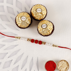 White Pearl And Velvet Beads Rakhi with 3 Ferrero Rocher - Rakhi Chocolates to UAE