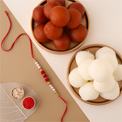 White Pearl And Velvet Beads Rakhi with 1 Kg Gulab Jamun and Rasgulla Tin - Rakhi Cards to UAE