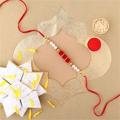 White Pearl And Velvet Beads Rakhi with 500 grams Kaju Katli - Rakhi Sweets to UAE