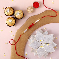White Pearl And Velvet Beads Rakhi with 250 grams Kaju Katli and 3 Ferrero Rocher - Rakhi Chocolates to UAE