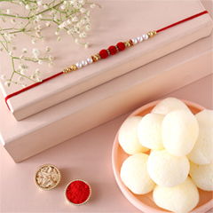 White Pearl And Velvet Beads Rakhi with Rasgulla - Rakhi Sweets to UAE