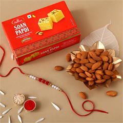 White Pearl And Velvet Beads Rakhi with 250 Grams Soan Papdi and Almonds - Rakhi Hampers to UAE
