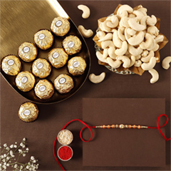 Rose Gold Pearl And Beads Rakhi with 6 Ferrero Rocher and Cashew - Rakhi Hampers to UAE