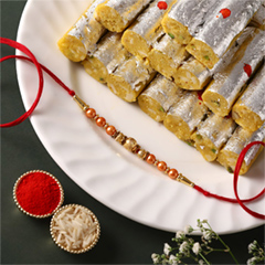 Rose Gold Pearl And Beads Rakhi with 500 Grams Kaju Roll - Rakhi Sweets to UAE