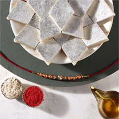 Rose Gold Pearl And Beads Rakhi with 500 Grams Kaju Katli - Rakhi Sweets to UAE